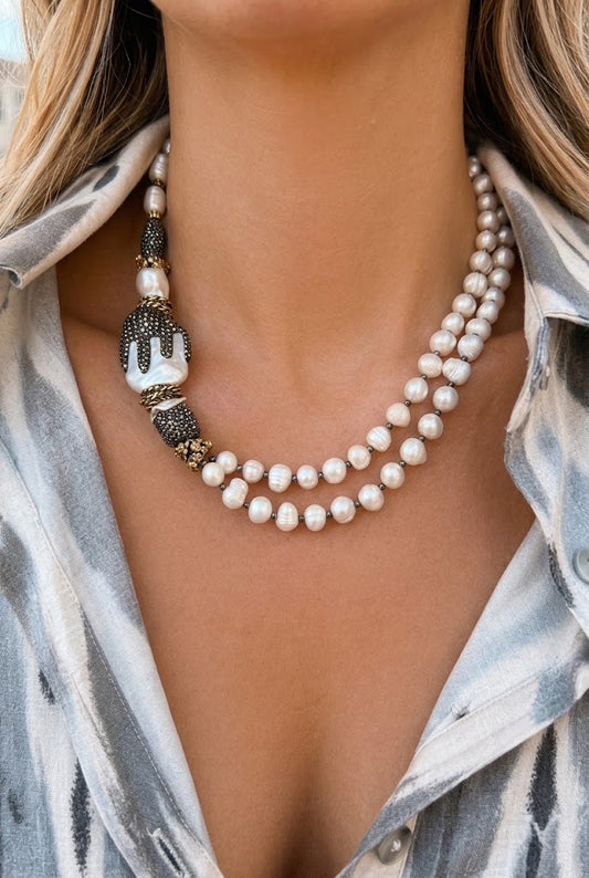 Cultured pearls and marcasite stones