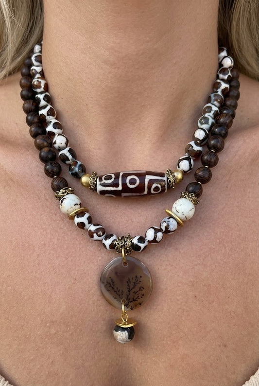 Tibetan agate and oud wood beaded necklace