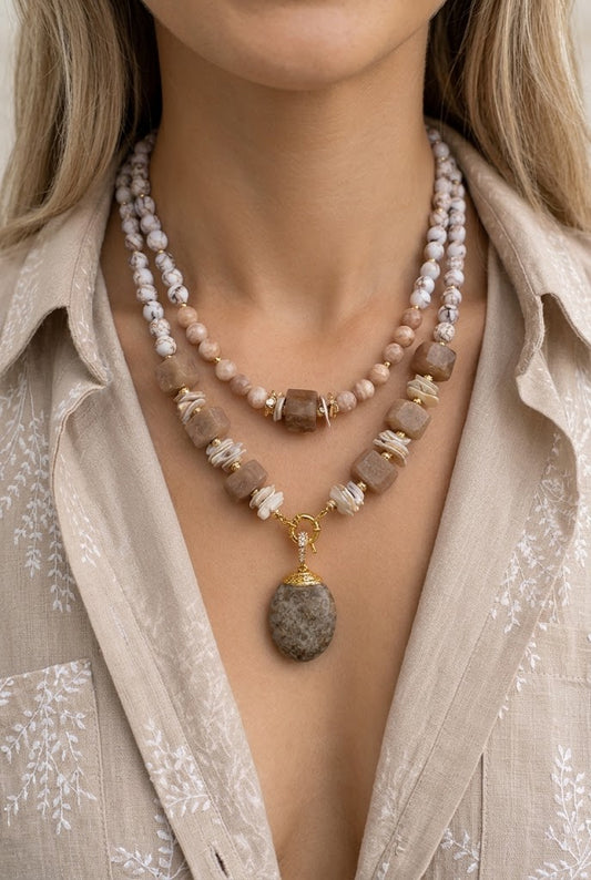 Varasite sunstone and leaf pearl necklace