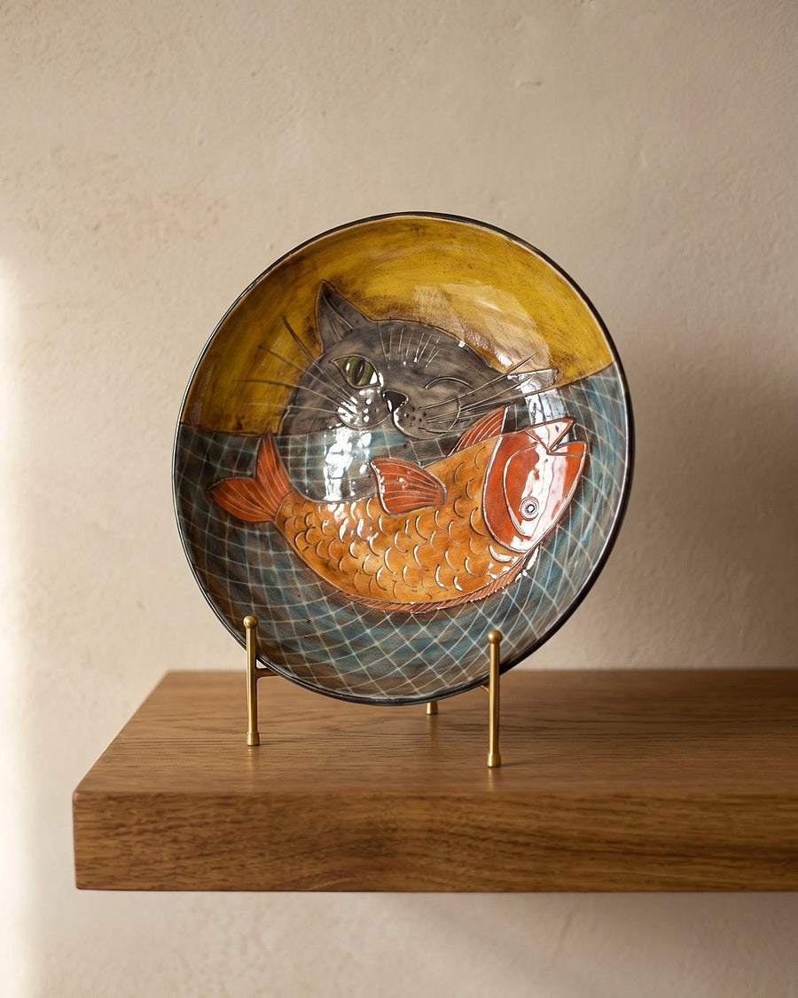 Hand-painted Anatolian art plate on a display stand