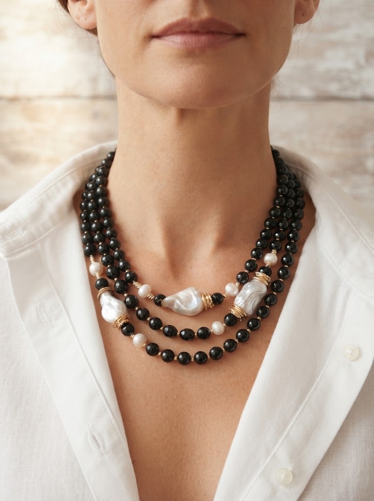 Onyx and Baroque pearl necklace